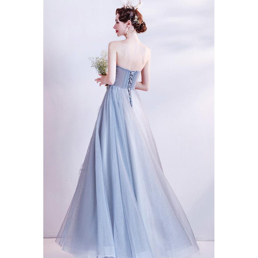 ANGEL ベアトップ ラメ チュール プリーツ フリル ビーズ 背中編上げ Aライン ロングドレス グレー 灰色 ロング ドレス パーティードレス - 画像 (3)