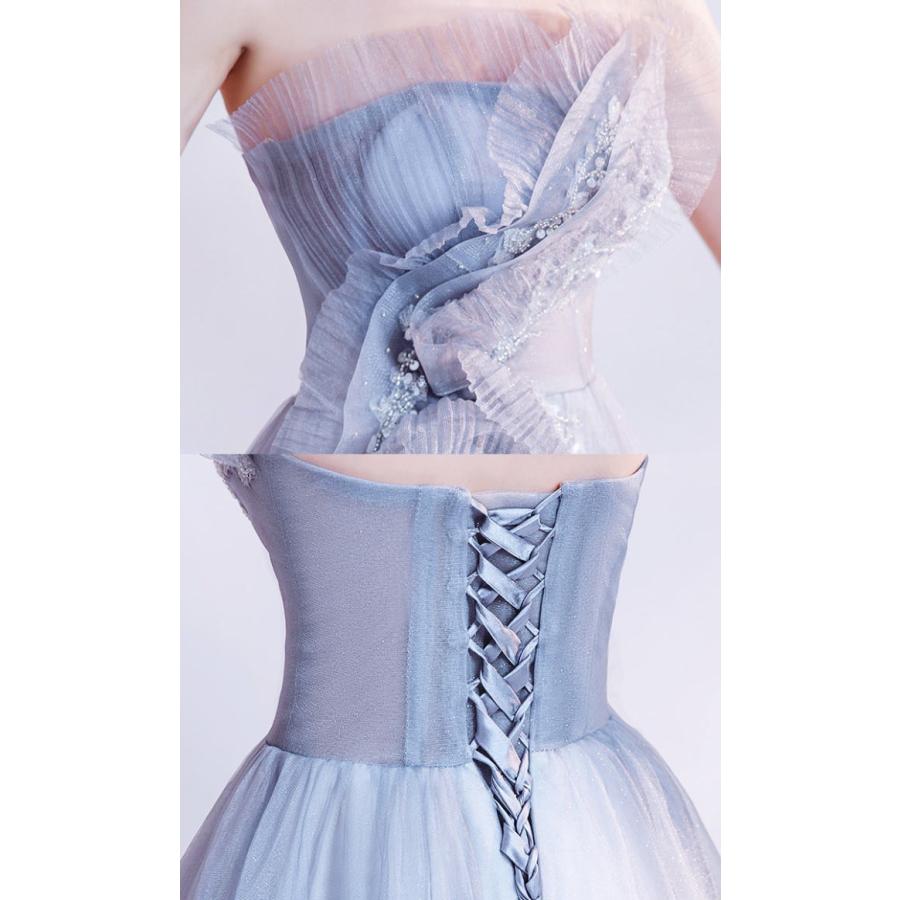 ANGEL ベアトップ ラメ チュール プリーツ フリル ビーズ 背中編上げ Aライン ロングドレス グレー 灰色 ロング ドレス パーティードレス - 画像 (4)