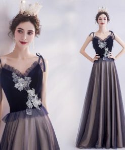 【ANGEL】キャミソールレースパールチュールリボン背中編上げAラインロングドレス【送料無料】高品質　ネイビー　紺色　ロングドレス　パーティードレス【