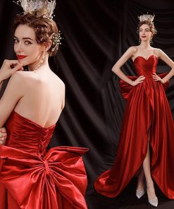 ANGEL ベアトップ サテン リボン 背中編上げ トレーン Aライン ロングドレス レッド 赤 ロング ドレス パーティードレス