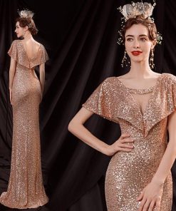 ANGEL 肌透け チュール 総スパンコール 半袖付き マーメイドライン ロングドレス ゴールド 金色 ロング ドレス パーティードレス
