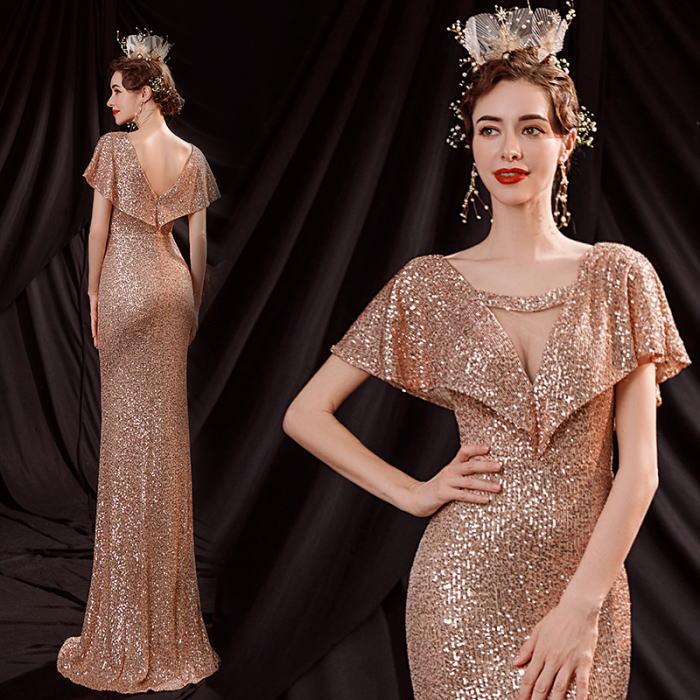 ANGEL 肌透け チュール 総スパンコール 半袖付き マーメイドライン ロングドレス ゴールド 金色 ロング ドレス パーティードレス