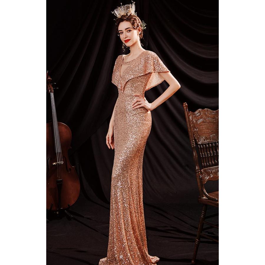 ANGEL 肌透け チュール 総スパンコール 半袖付き マーメイドライン ロングドレス ゴールド 金色 ロング ドレス パーティードレス - 画像 (2)