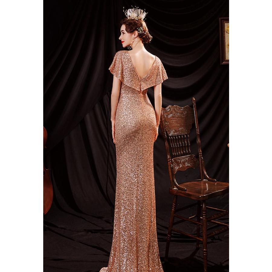 ANGEL 肌透け チュール 総スパンコール 半袖付き マーメイドライン ロングドレス ゴールド 金色 ロング ドレス パーティードレス - 画像 (3)