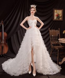 ANGEL ベアトップ サテン レース チュール フリル リボン 背中編上げ トレーン Aライン ミニ ロングドレス ホワイト 白 ウエディングドレス