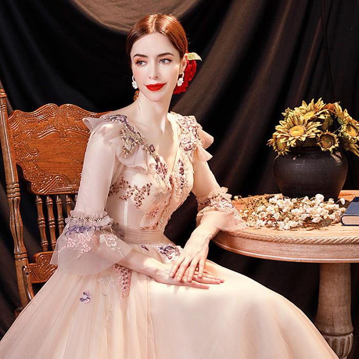 ANGEL Vネック チュール レース パール ビーズ フリル 七分袖付き 背中編上げ Aライン ロングドレス ピンク ロング ドレス パーティードレ