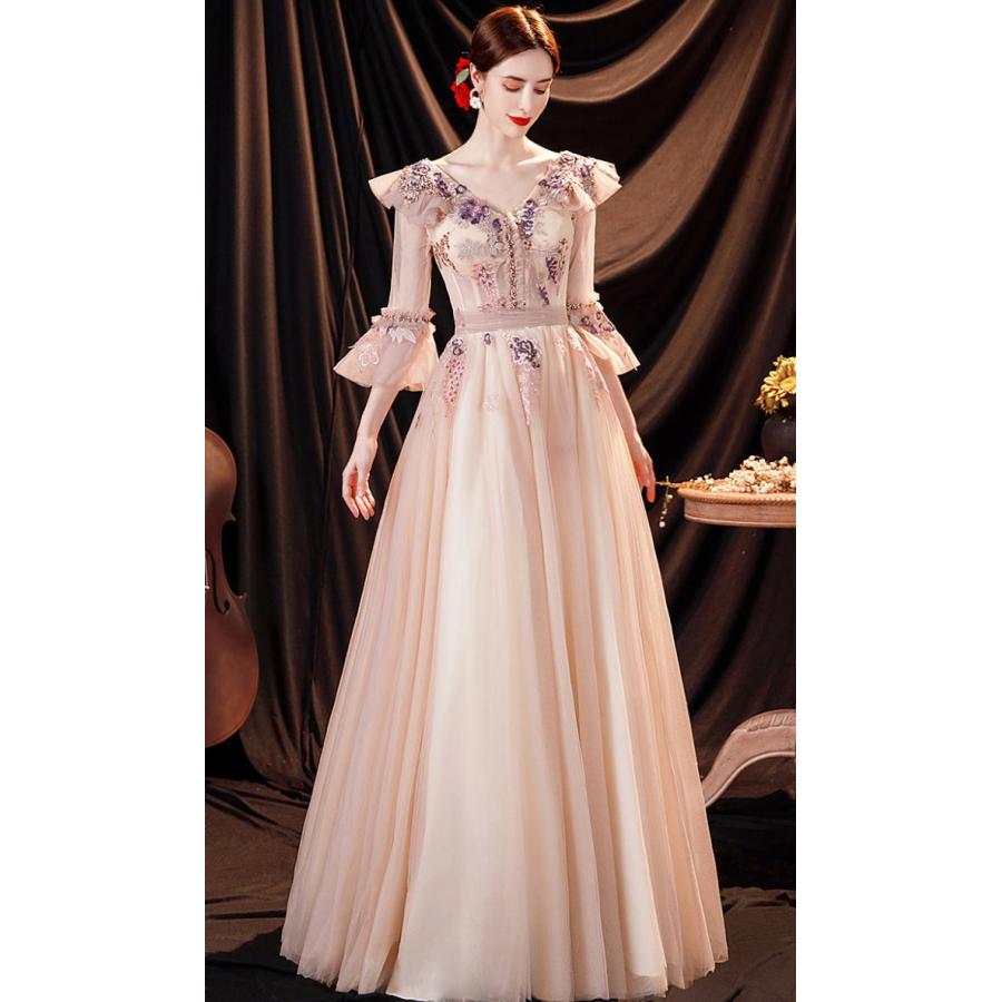 ANGEL Vネック チュール レース パール ビーズ フリル 七分袖付き 背中編上げ Aライン ロングドレス ピンク ロング ドレス パーティードレ - 画像 (2)