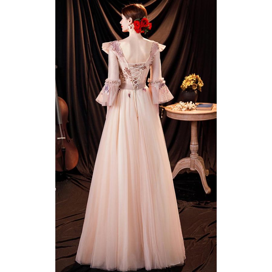 ANGEL Vネック チュール レース パール ビーズ フリル 七分袖付き 背中編上げ Aライン ロングドレス ピンク ロング ドレス パーティードレ - 画像 (3)