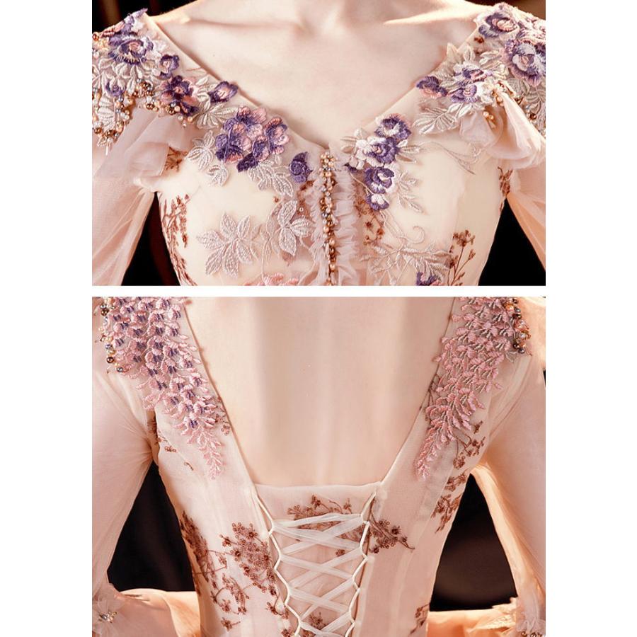 ANGEL Vネック チュール レース パール ビーズ フリル 七分袖付き 背中編上げ Aライン ロングドレス ピンク ロング ドレス パーティードレ - 画像 (4)