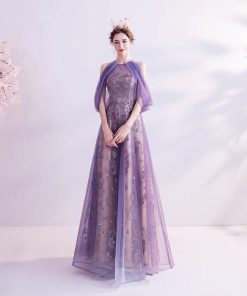 ANGEL アメリカンスリーブ 肌透け チュール ラメ スパンコール ビーズ ドレープ 背中編上げ Aライン ロングドレス パープル 紫 ロング ドレ