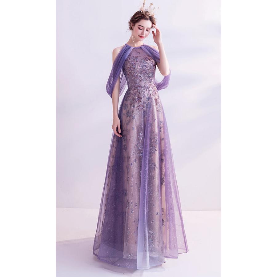 ANGEL アメリカンスリーブ 肌透け チュール ラメ スパンコール ビーズ ドレープ 背中編上げ Aライン ロングドレス パープル 紫 ロング ドレ - 画像 (2)