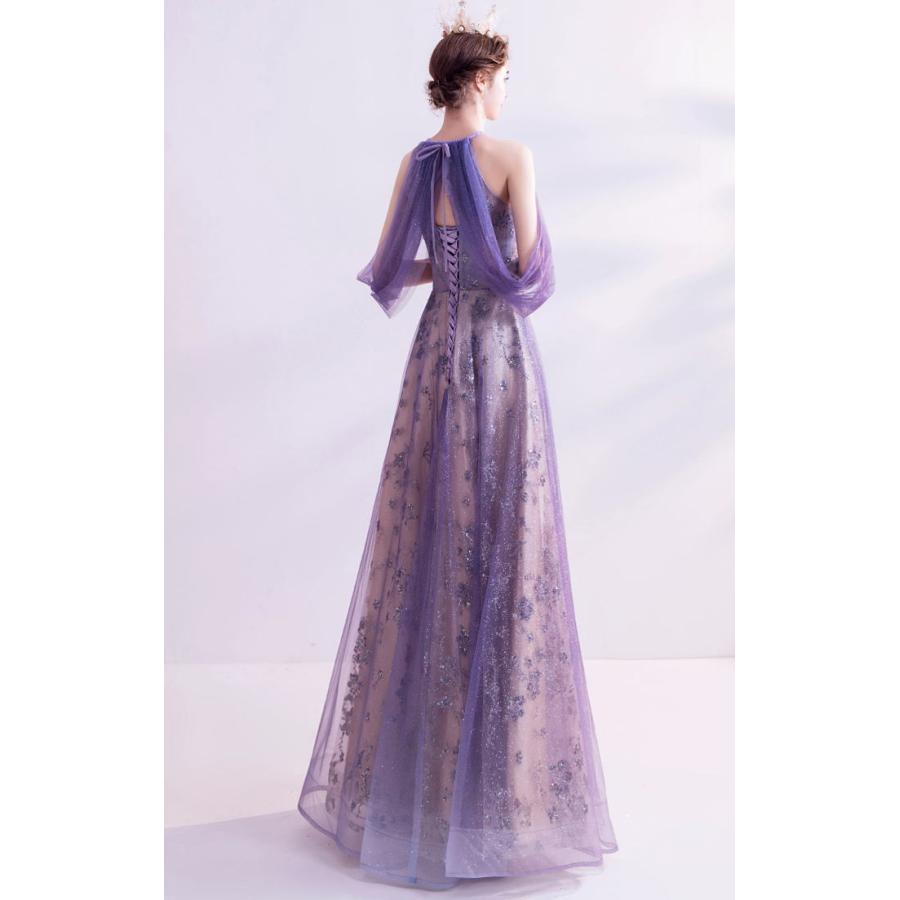 ANGEL アメリカンスリーブ 肌透け チュール ラメ スパンコール ビーズ ドレープ 背中編上げ Aライン ロングドレス パープル 紫 ロング ドレ - 画像 (3)