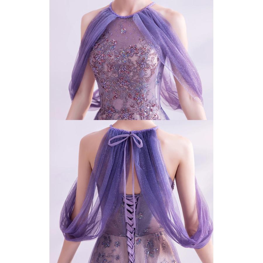 ANGEL アメリカンスリーブ 肌透け チュール ラメ スパンコール ビーズ ドレープ 背中編上げ Aライン ロングドレス パープル 紫 ロング ドレ - 画像 (4)