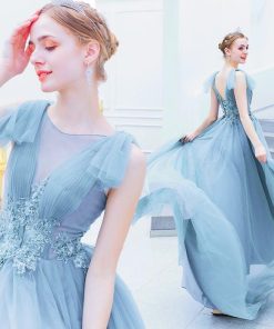 【ANGEL】肌透けチュールレースビーズノースリーブ背中編上げAラインロングドレス【送料無料】高品質　ブルー　水色　ロングドレス　パーティードレス【G