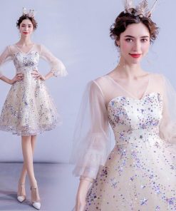 ANGEL Vネック 肌透け ラメ チュール フリル 七分袖 Aライン ミニドレス ベージュ 生成 ドレス パーティードレス