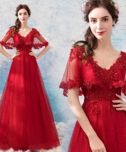 【ANGEL】肌透けチュールスパンコールビーズ半袖付き背中編上げAラインロングドレス【送料無料】高品質　レッド　赤　ロングドレス　パーティードレス【G