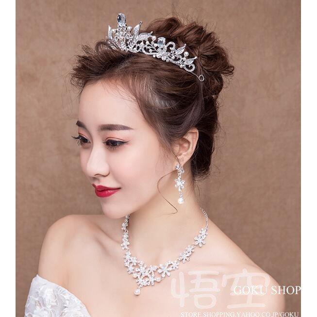 花嫁 ヘッドドレス ティアラ 結婚式 安い 王冠 バロック 髪飾りネックレス ブライダル イヤリング 3点セット 演奏会/二次会/披露宴/発表会 - 画像 (3)