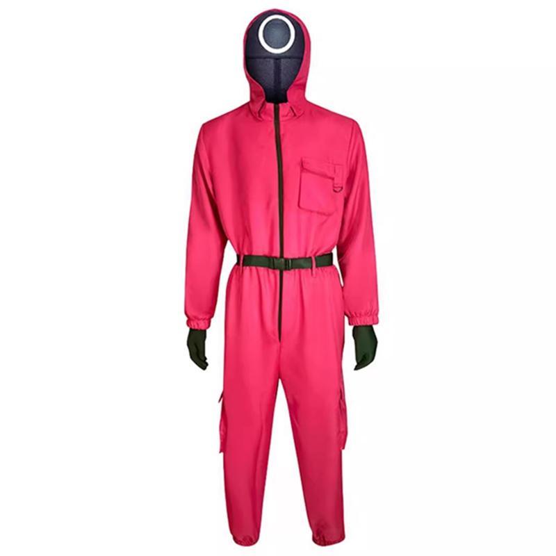 イカゲーム Squid Game 風○△□の警備員 監視員 BOSS コスプレ 衣装 赤いジャンプスーツ 赤い服の人 黒い マスクお面 コスチューム 大人用 子供用 - 画像 (2)