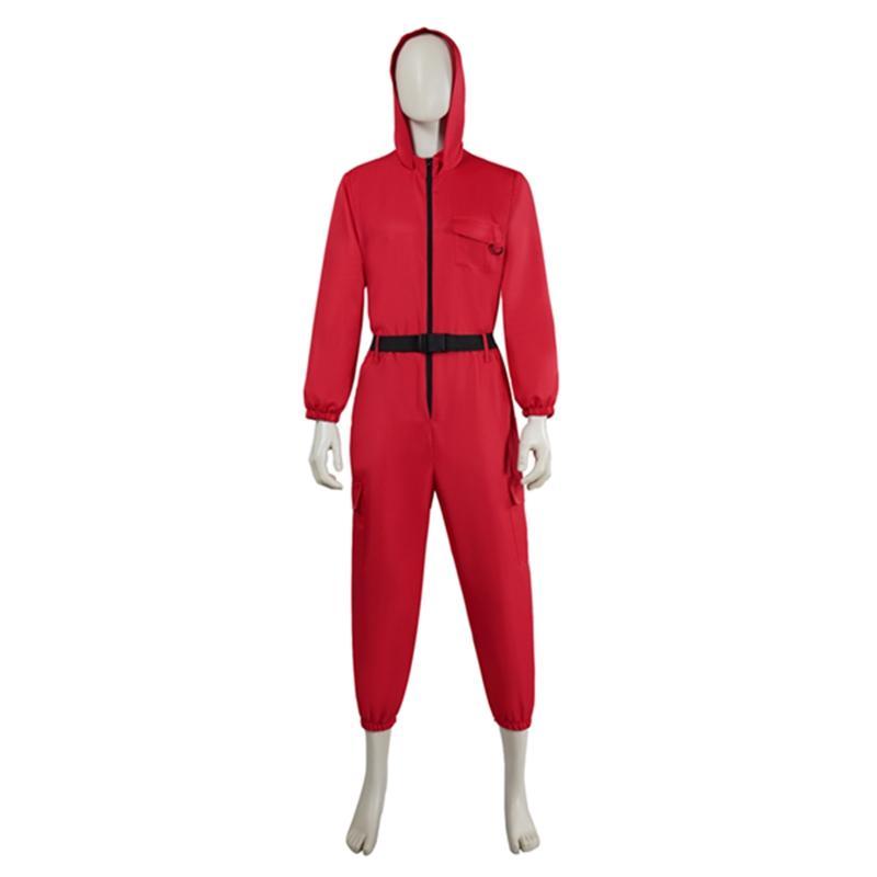 イカゲーム Squid Game 風○△□の警備員 監視員 BOSS コスプレ 衣装 赤いジャンプスーツ 赤い服の人 黒い マスクお面 コスチューム 大人用 子供用 - 画像 (4)