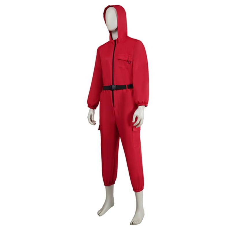 イカゲーム Squid Game 風○△□の警備員 監視員 BOSS コスプレ 衣装 赤いジャンプスーツ 赤い服の人 黒い マスクお面 コスチューム 大人用 子供用 - 画像 (5)