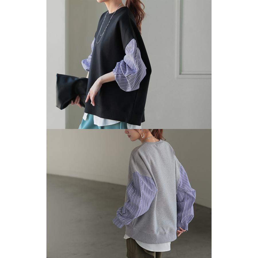 HUG.U スウェット ドッキング トップス ストライプ シャツ レディース ロング トレーナー チュニック オーバー プルオーバー - 画像 (3)