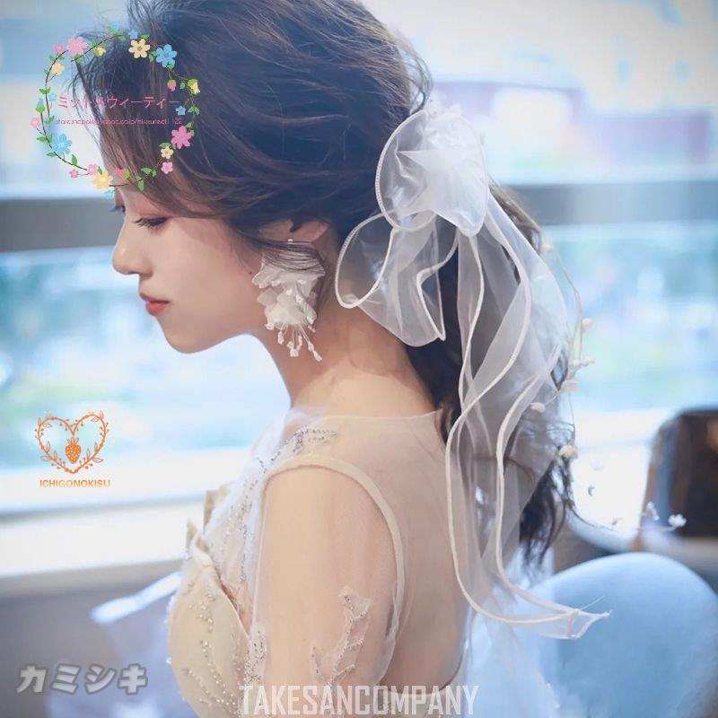 ヘッドドレス ウェディング 髪飾り チュール リボン ヘアアクセサリー ブライダル 結婚式 成人式 卒業式 リゾート 結婚アクセサリー ウェディングフォト