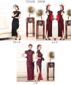 レディース チャイナドレス レース 半袖 ロング丈 女性用 ワンピース 花柄 スリット 宴会 結婚式 パーティー コスプレ パフォーマンス