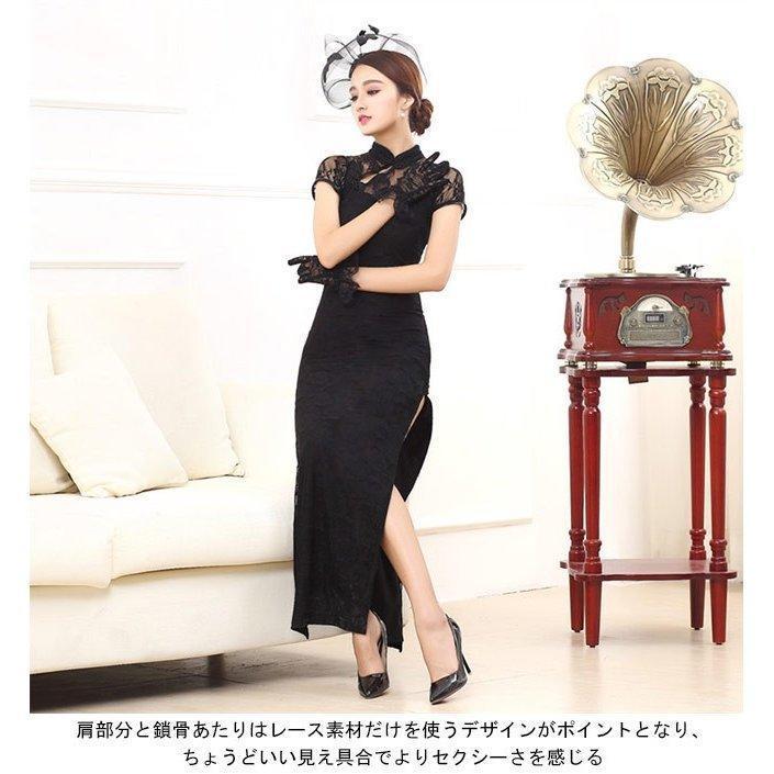 レディース チャイナドレス レース 半袖 ロング丈 女性用 ワンピース 花柄 スリット 宴会 結婚式 パーティー コスプレ パフォーマンス - 画像 (3)