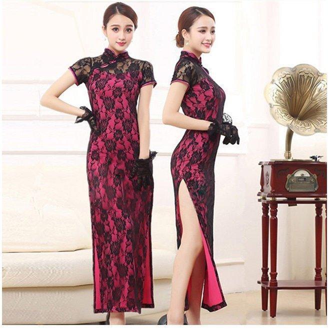 レディース チャイナドレス レース 半袖 ロング丈 女性用 ワンピース 花柄 スリット 宴会 結婚式 パーティー コスプレ パフォーマンス - 画像 (5)