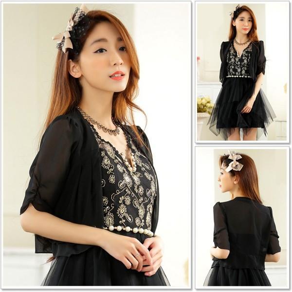 ボレロ 結婚式 パーティー カーディガン ジャケット 半袖 大きいサイズ パーティードレス フリル レース チュール シフォン オーガンジー フレア