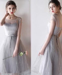 パーティードレス ミモレ ブライズメイドドレス オフショルダー グレー 20代 結婚式ドレス 花嫁 二次会 お呼ばれ 卒業式 6タイプ