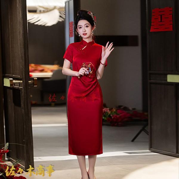 チャイナワンピース チャイナ服 チャイナドレス レディース ワンピースドレス 着痩せ ロング丈 スリット ミディアム ファッション スリム - 画像 (2)