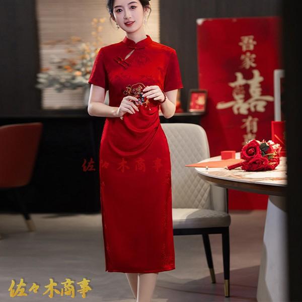 チャイナワンピース チャイナ服 チャイナドレス レディース ワンピースドレス 着痩せ ロング丈 スリット ミディアム ファッション スリム - 画像 (3)