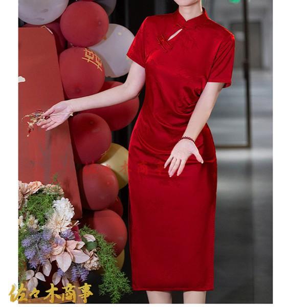 チャイナワンピース チャイナ服 チャイナドレス レディース ワンピースドレス 着痩せ ロング丈 スリット ミディアム ファッション スリム - 画像 (4)