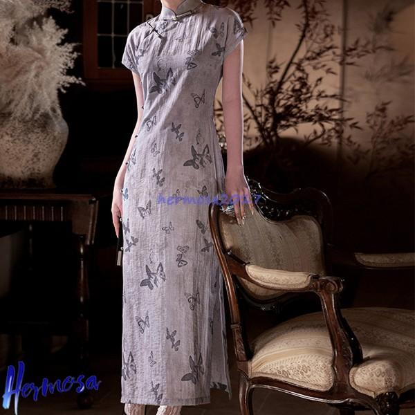 チャイナドレス ワンピース チャイナ服 レディース 蝶柄 プリント マキシ丈 薄手 軽い ファッション エレガント ロング丈 チーパオ - 画像 (2)