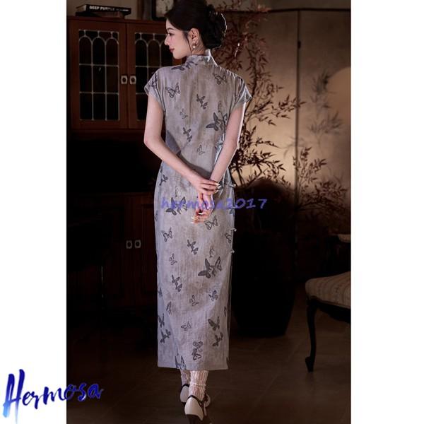 チャイナドレス ワンピース チャイナ服 レディース 蝶柄 プリント マキシ丈 薄手 軽い ファッション エレガント ロング丈 チーパオ - 画像 (3)