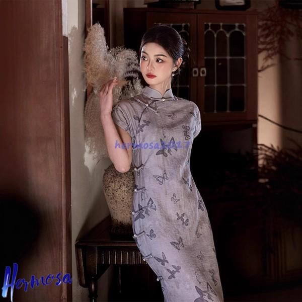 チャイナドレス ワンピース チャイナ服 レディース 蝶柄 プリント マキシ丈 薄手 軽い ファッション エレガント ロング丈 チーパオ - 画像 (6)