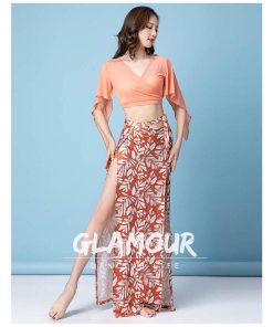 ベリーダンス 衣装 セットアップ Vネック ラメトップス ロング丈 スカート ヒップスカーフ 上下セット レッスン着 練習着 セット レッスンウ