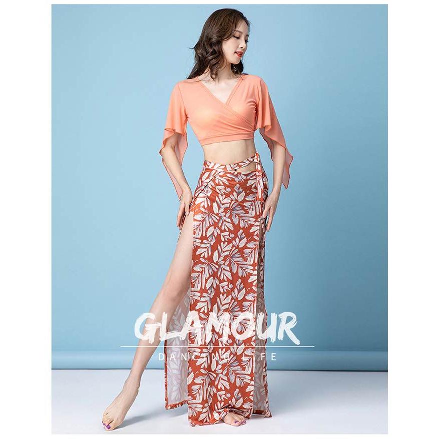 ベリーダンス 衣装 セットアップ Vネック ラメトップス ロング丈 スカート ヒップスカーフ 上下セット レッスン着 練習着 セット レッスンウ