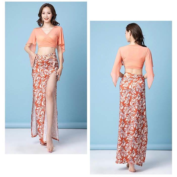 ベリーダンス 衣装 セットアップ Vネック ラメトップス ロング丈 スカート ヒップスカーフ 上下セット レッスン着 練習着 セット レッスンウ - 画像 (2)