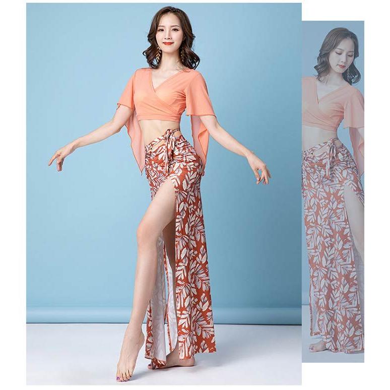 ベリーダンス 衣装 セットアップ Vネック ラメトップス ロング丈 スカート ヒップスカーフ 上下セット レッスン着 練習着 セット レッスンウ - 画像 (3)