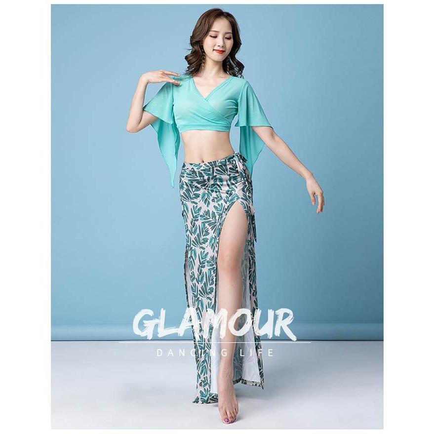 ベリーダンス 衣装 セットアップ Vネック ラメトップス ロング丈 スカート ヒップスカーフ 上下セット レッスン着 練習着 セット レッスンウ - 画像 (4)