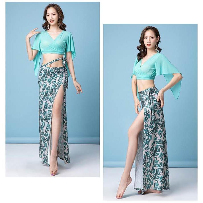 ベリーダンス 衣装 セットアップ Vネック ラメトップス ロング丈 スカート ヒップスカーフ 上下セット レッスン着 練習着 セット レッスンウ - 画像 (5)