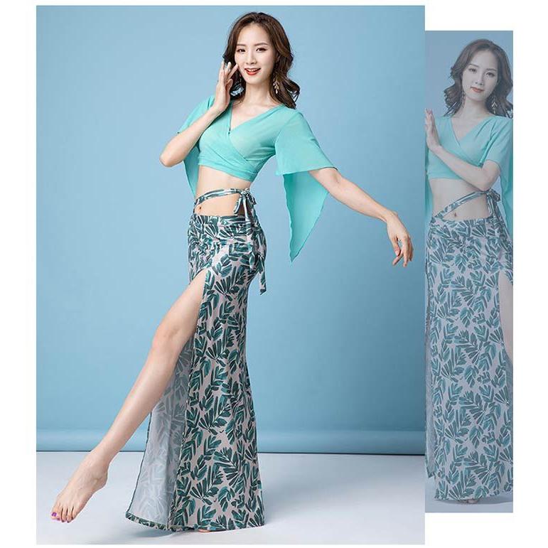 ベリーダンス 衣装 セットアップ Vネック ラメトップス ロング丈 スカート ヒップスカーフ 上下セット レッスン着 練習着 セット レッスンウ - 画像 (6)