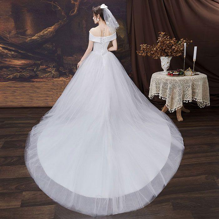 ウェディングドレス ドレス 結婚式 オフショルダー Aライン 花嫁ドレス 二次会 床付きタイプ トレーンタイプ エンパイアドレス フォトウエディング リゾートウエ - 画像 (6)