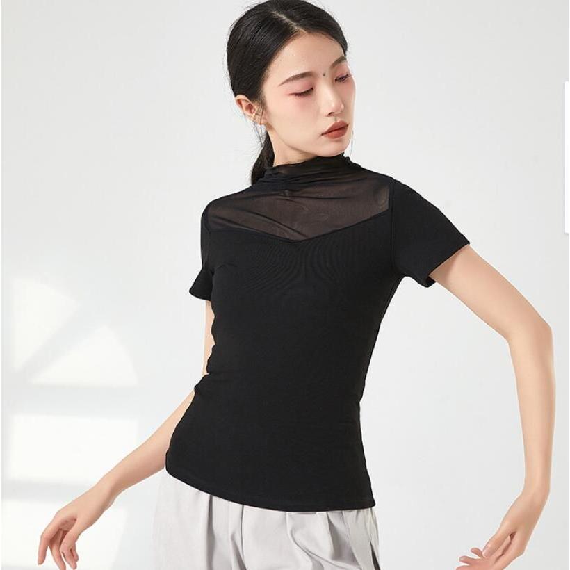 バレエ トップス ダンス 衣装 半袖 ハイネック チュール切替 エレガント レッスン着 Tシャツ ストレッチ 動きやすい ヨガ 古典ダンス 民族ダンス