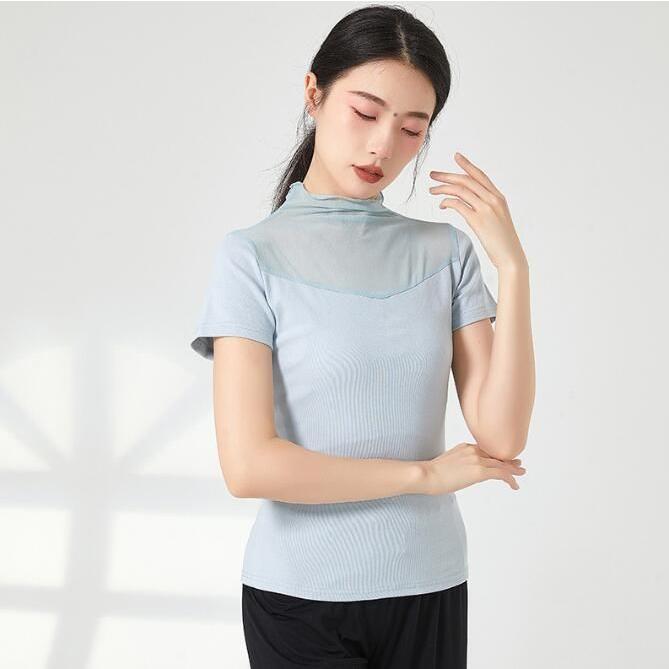 バレエ トップス ダンス 衣装 半袖 ハイネック チュール切替 エレガント レッスン着 Tシャツ ストレッチ 動きやすい ヨガ 古典ダンス 民族ダンス - 画像 (2)