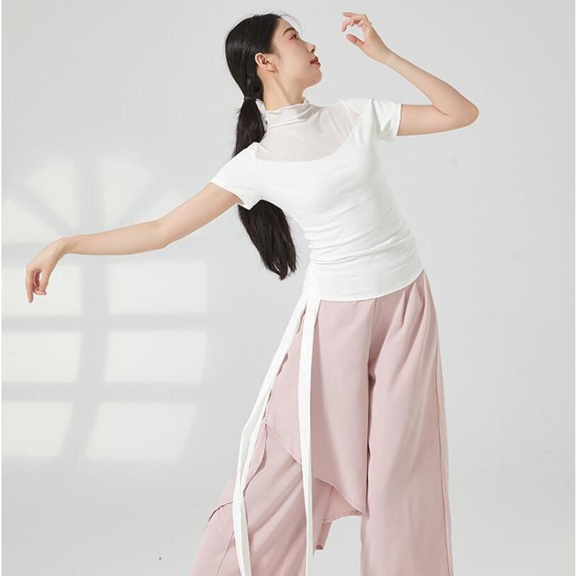 バレエ トップス ダンス 衣装 半袖 ハイネック チュール切替 エレガント レッスン着 Tシャツ ストレッチ 動きやすい ヨガ 古典ダンス 民族ダンス - 画像 (3)