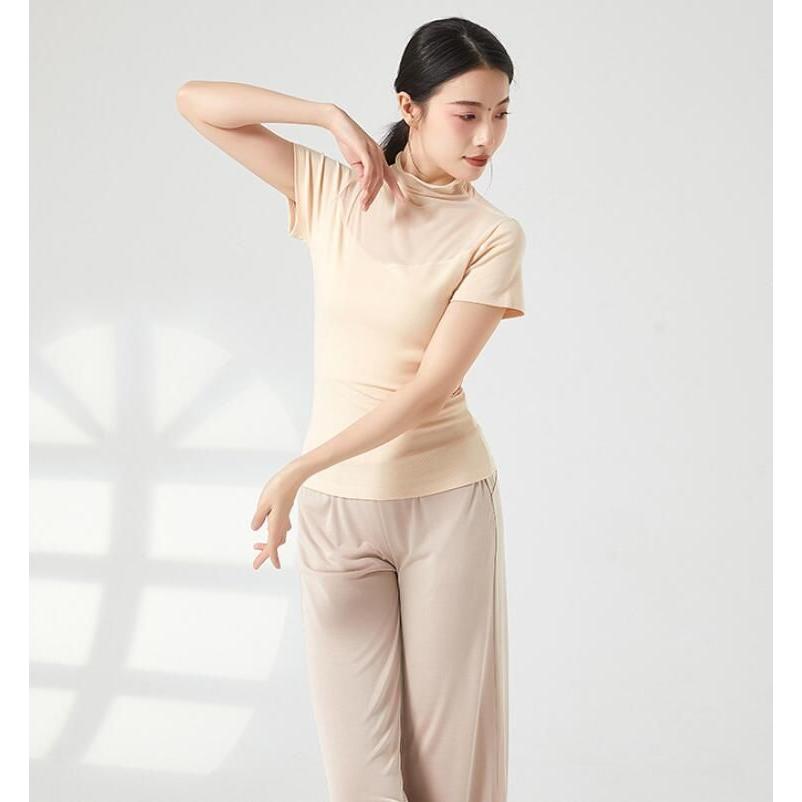 バレエ トップス ダンス 衣装 半袖 ハイネック チュール切替 エレガント レッスン着 Tシャツ ストレッチ 動きやすい ヨガ 古典ダンス 民族ダンス - 画像 (4)