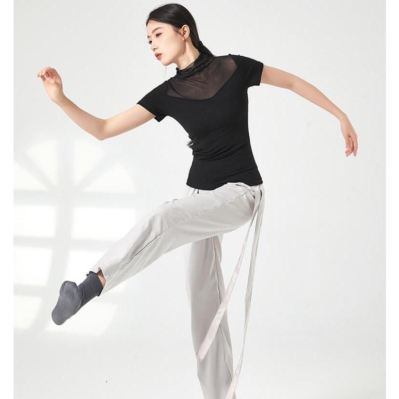 バレエ トップス ダンス 衣装 半袖 ハイネック チュール切替 エレガント レッスン着 Tシャツ ストレッチ 動きやすい ヨガ 古典ダンス 民族ダンス - 画像 (6)